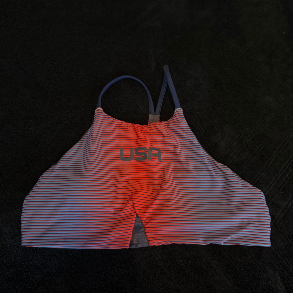 Hurley Team USA Olympic High Neck Bikini Top Red Blue Striped Racerback Womens M